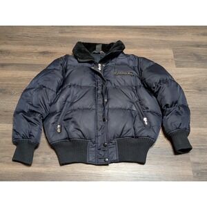 Rocawear Womens Navy Blue Down Puffer Bomber Jacket Faux Fur Collar Large Y2K